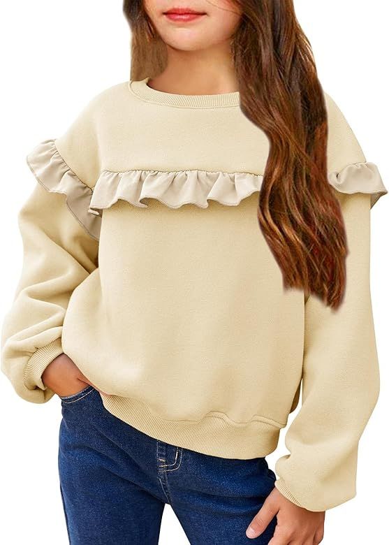 Girls Casual Crewneck Sweatshirts Ruffles Trim Long Sleeve Cute Solid Color Pullover | Amazon (US)