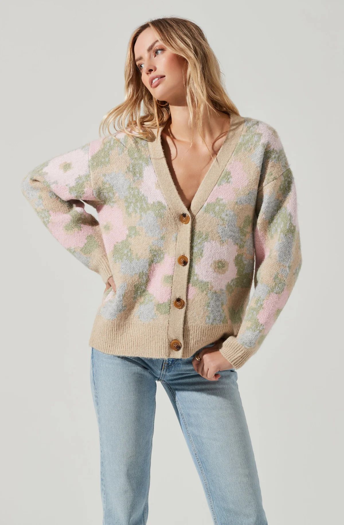 Rosette Floral Contrast Button Cardigan | ASTR The Label (US)