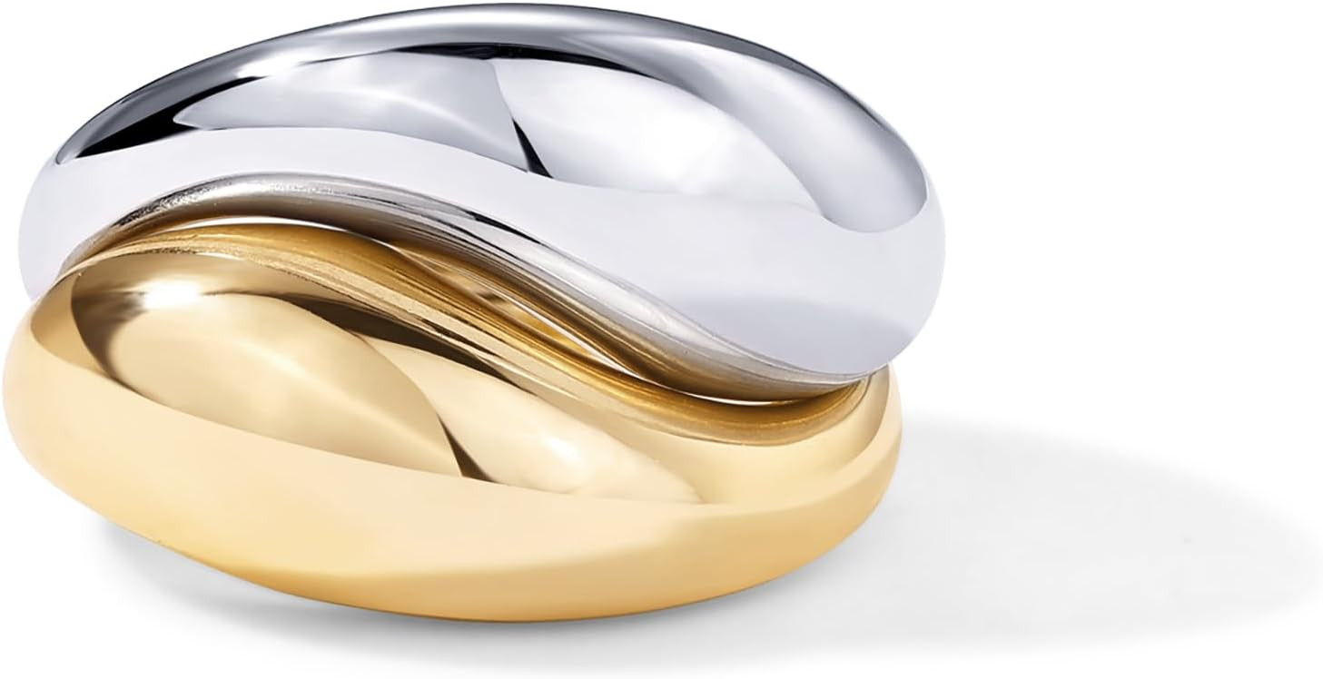PAVOI 14K Gold Plated Mixed Metal Chunky Two Tone Wavy Dome Rings Pack for Women | Statement Ring Set | Amazon (US)