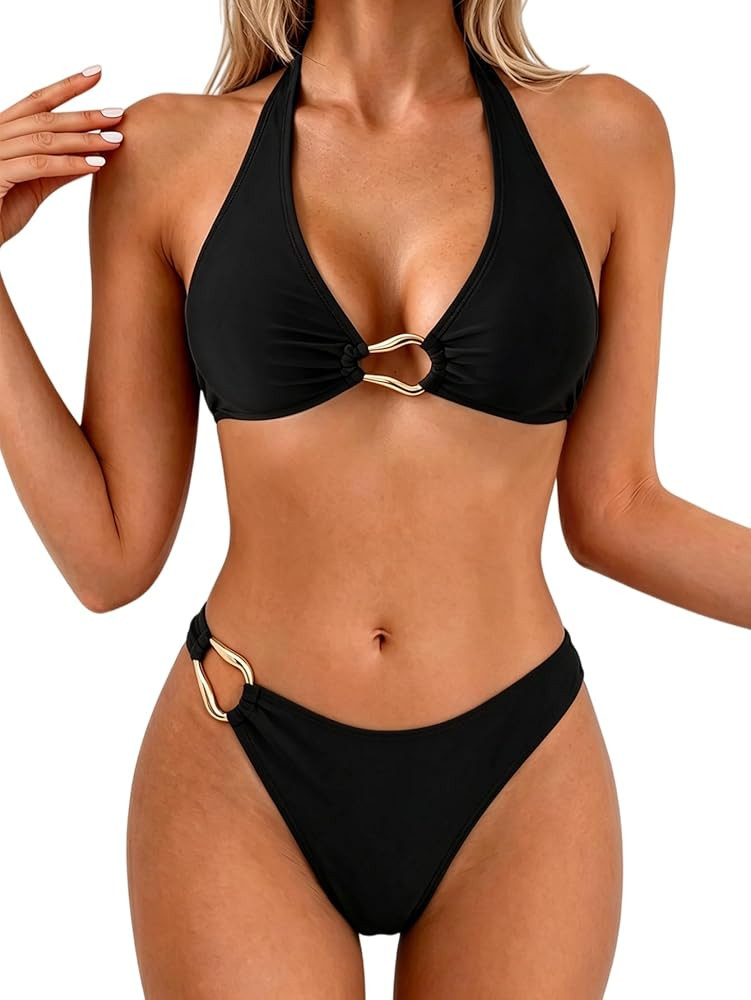 Fanuerg Women's Halter V Neck Bikini Sets Ring Linked Two Piece Swimsuit Cheeky Swim Bathing Suit... | Amazon (US)