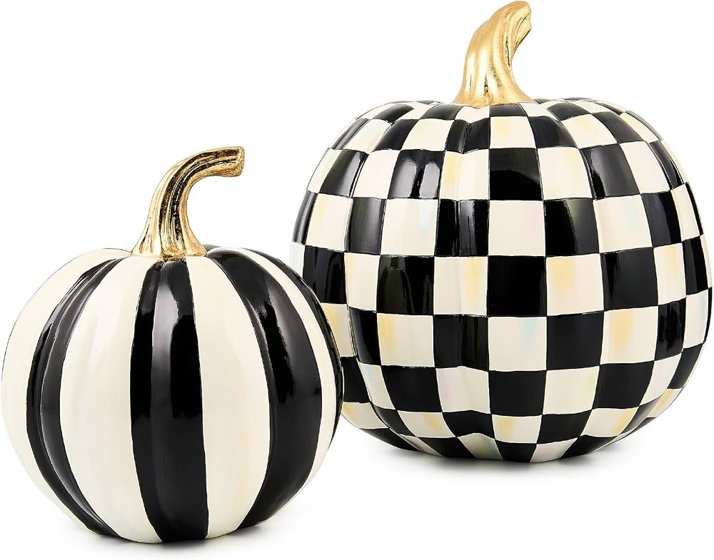 MACKENZIE-CHILDS Set of 2 Pumpkins, Resin Halloween and Fall Decor, Small and Medium, Black-and-W... | Amazon (US)