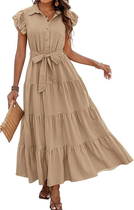 dowerme Women's Summer Casual Dresses 2026 Cap Ruffle Sleeve V Neck Button Belted Tiered Boho Max... | Amazon (US)