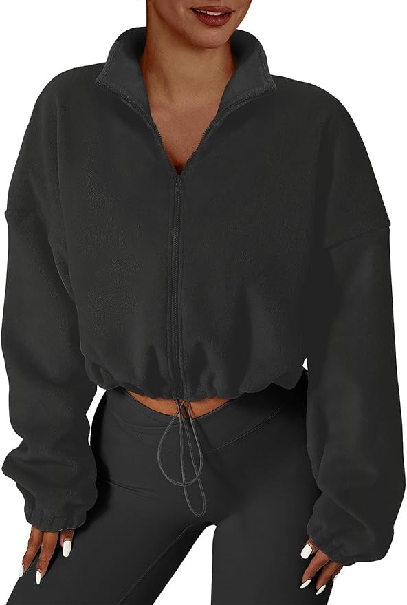 ANRABESS Women's Full Zip Cropped Fleece Sherpa Jackets Oversized Long Sleeve Workout 2023 Fall W... | Amazon (US)