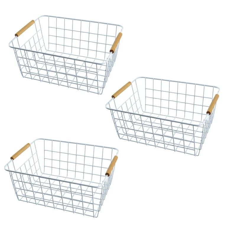 3 Pack Wire Storage Baskets, Storage Baskets Organizing Bins with Wood Handle for Pantry, Bathroo... | Walmart (US)