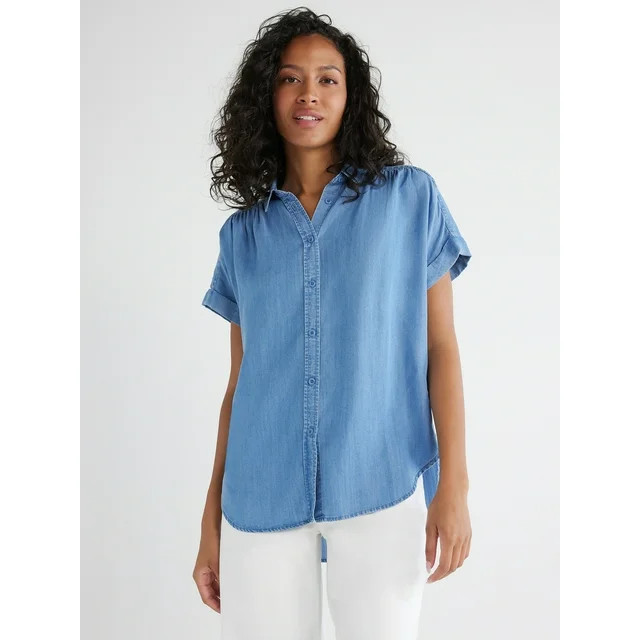 Time and Tru Women's Button Down Camp Shirt with Roll Cuff Sleeves, Sizes XS-XXXL | Walmart (US)