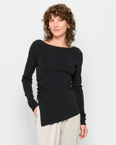 Long Sleeve Asymmetric Hem Crepe Knit Top - Preview - Black | Target AU
