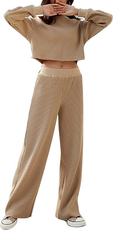 COZYPOIN Women’s Two Piece Loungewear Set Pullover top high Waist Pant Crew Neck Long Sleeve Wa... | Amazon (US)