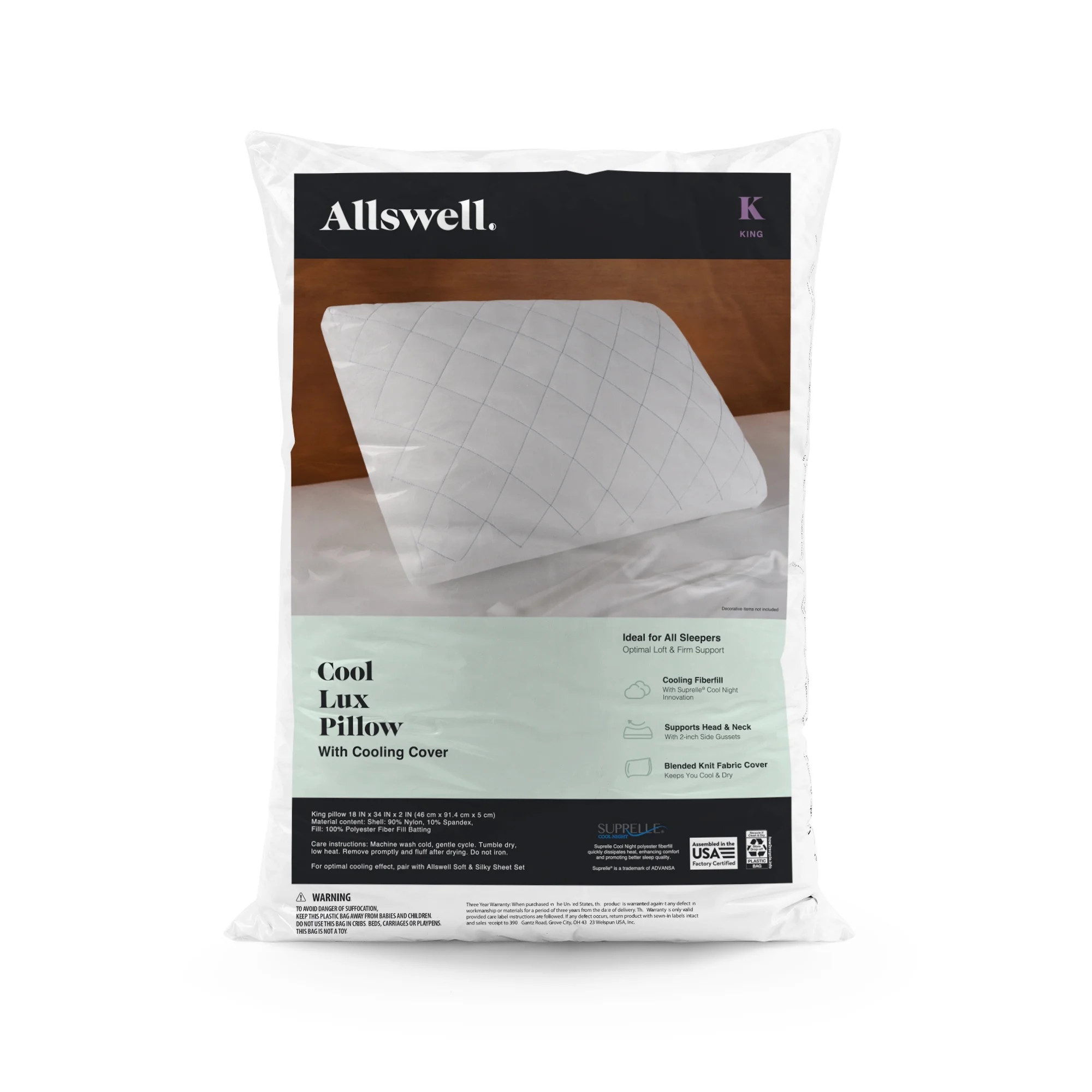 Allswell Cool Lux Bed Pillow with Cooling Cover, King | Walmart (US)