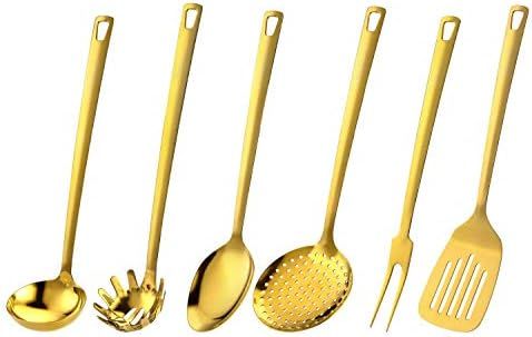 Marco Almond Golden Titanium Utensils Set, Stainless Steel Kitchen Cooking Spoons, Ladle Skimmer ... | Amazon (US)