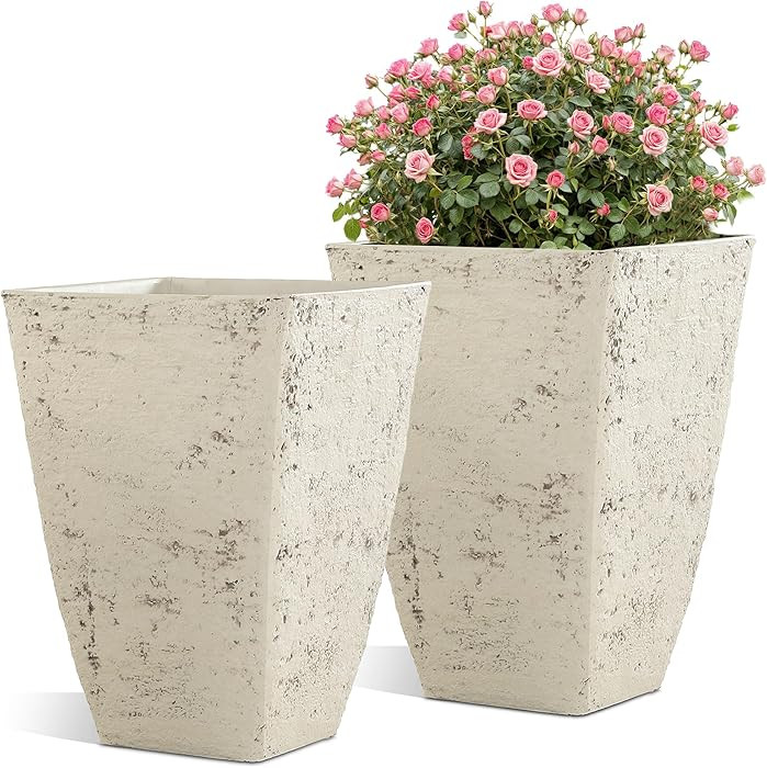 19" H Country White Square Planters for Outdoor Plants, Set of 2 Large Flower Pot with Drainage H... | Amazon (US)