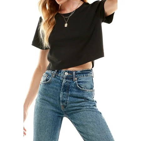 Women's Boxy Crop Top Round Neck Short Sleeve Casual 100% Cotton Cropped Tee T-Shirt, Black, 2XL | Walmart (US)
