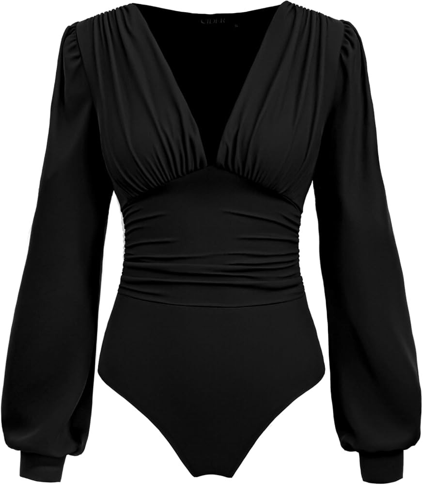 CIDER Long Sleeve Body Suits Womens V Neck Bodysuits Ruched Pleated Corset Bodysuit Leotard Trend... | Amazon (US)