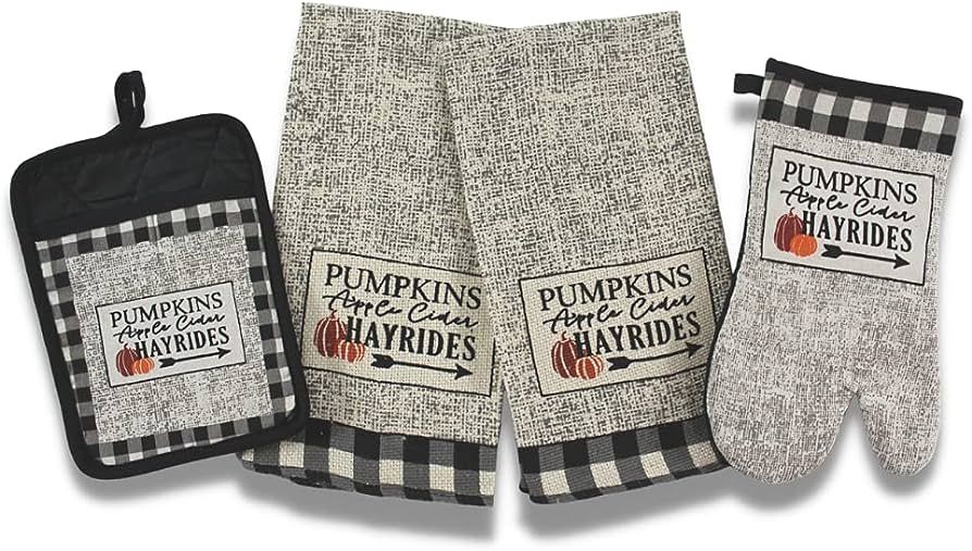 Serafina Home Farmhouse Black White Check Kitchen Towels and Pot Holder Set: Country Pumpkin Appl... | Amazon (US)