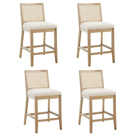 Guyou Rattan Counter Stools Set of 4, 26 Inch Modern Linen Upholstered Counter Height Bar Stools, Farmhouse Wooden Barstools, Kitchen Island Chairs for Bar Dining Room Kitchen Island, Cream | Walmart (US)