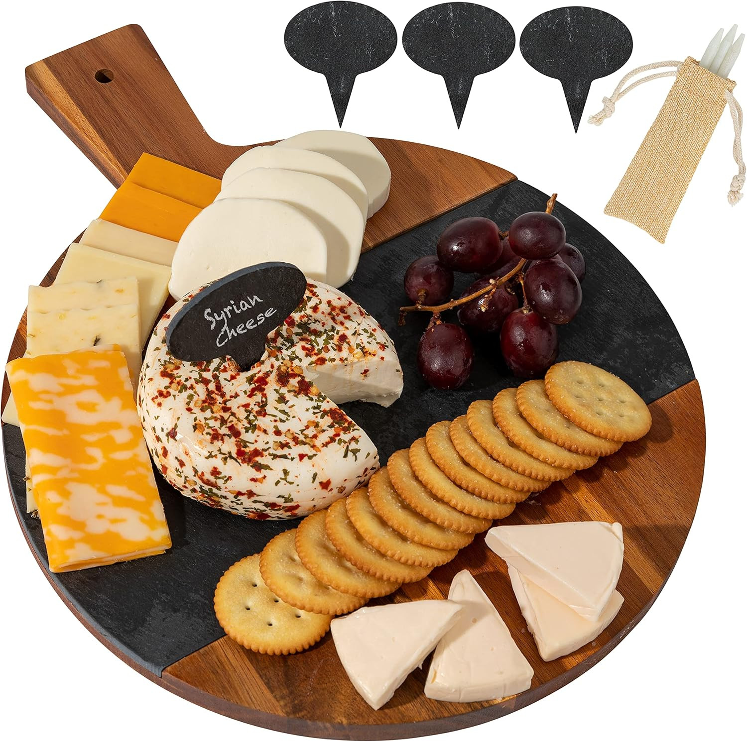 Charmont - Large Round Charcuterie Board with Handle - Acacia Wood Cheese Board with Slate Servin... | Amazon (US)