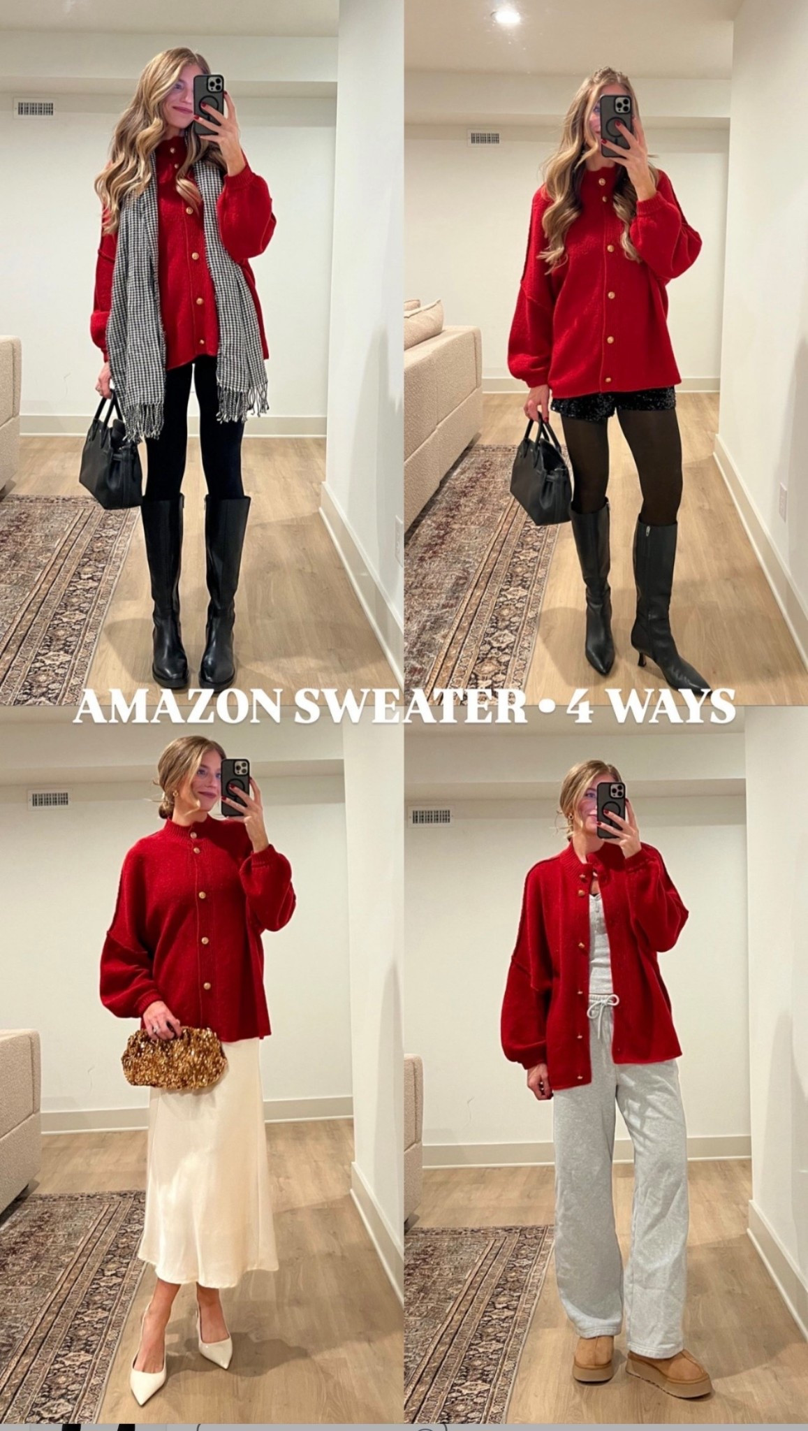 Ways to wear a red button up Amazon cardigan sweater. I got a size medium for length (I’m 5’11”) 
Small tall in leggings 
The “hose” I’m wearing in the second outfit are actually fleece lined leggings and give the effect of tights. Not see through! Tall sizes! 
Medium in satin skirt to bump. Stretchy waist and run tts 
Medium tall in lounge pants for bump
Medium in sequin shorts for bump




Red sweater, Christmas sweater, tall girl friendly, bump friendly, holiday outfits, New York outfits, Amazon finds, Amazon fashion 

#LTKHoliday #LTKFindsUnder50 #LTKTall