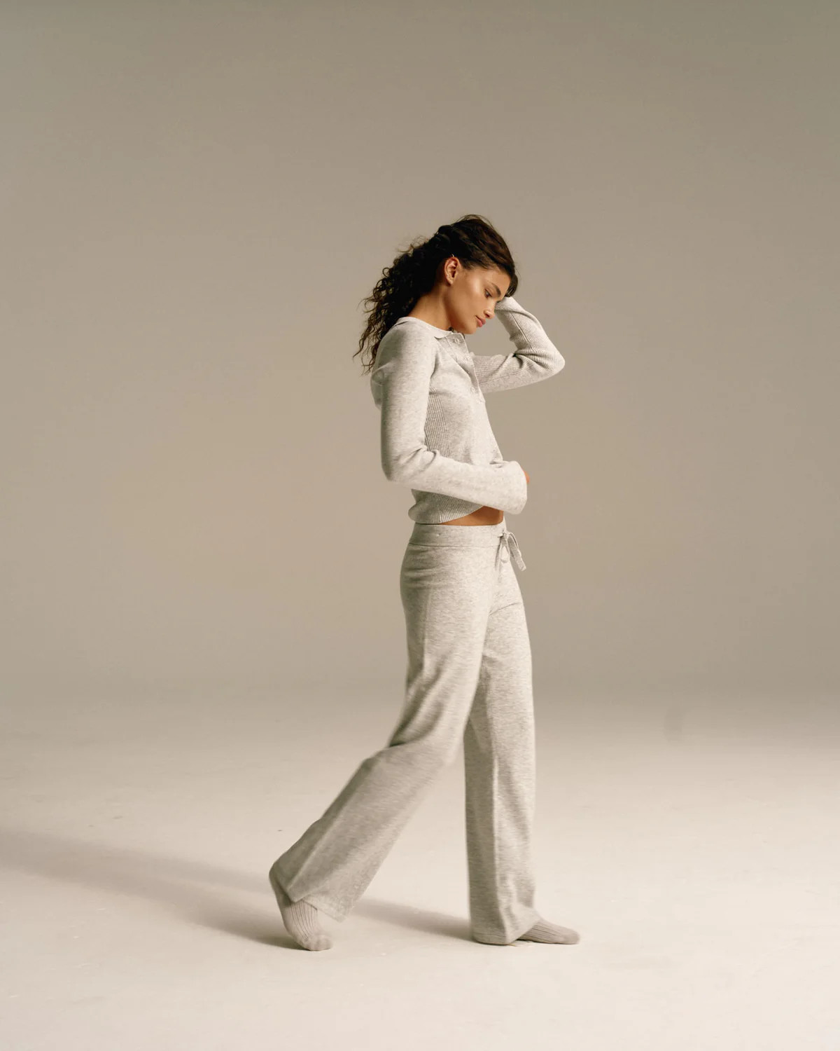 Knit Straight Leg Trousers - Light Grey Melange | Adanola UK