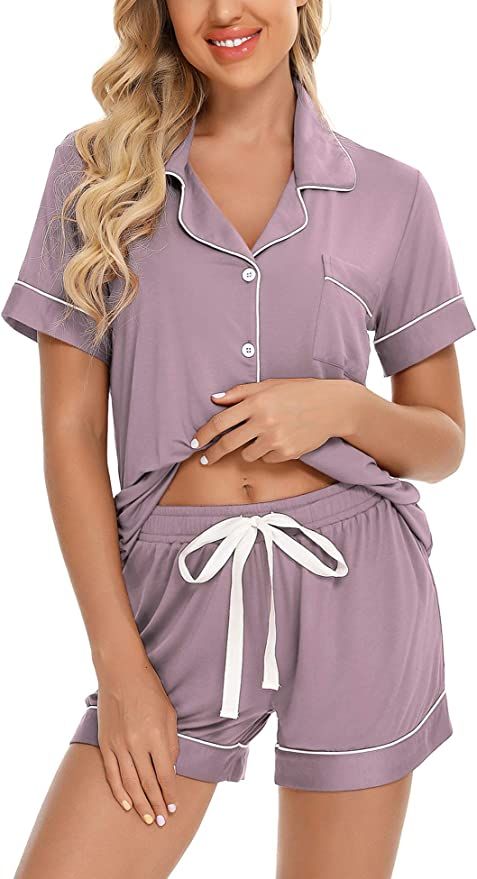 Samring Women's Button Down Pajama Set V-Neck Short Sleeve Sleepwear Soft Pj Sets S-XXL | Amazon (US)