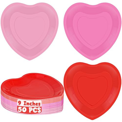 QZYL 50 PCS Valentines Plates, 9 IN Disposable Heart Paper Plates, Pink Red Hot Pink Color Heart Shaped Plates, Valentines Day Party Supplies Wedding Disposable Dinnerware Wedding Table Decor | Amazon (US)