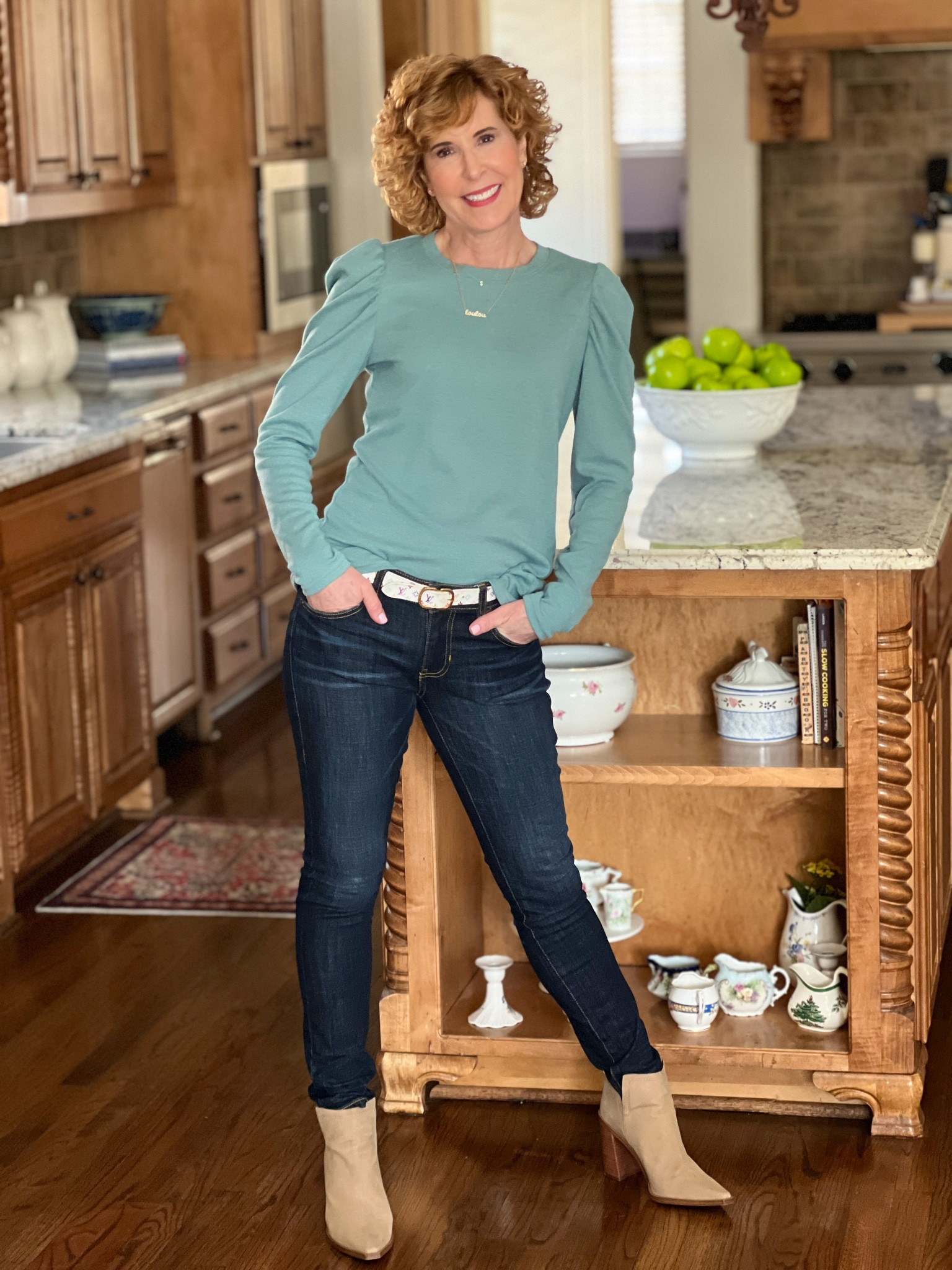 Amazon fashion, Amazon top, Amazon tee, faux suede booties, designer belt, Mother’s Day gift, valentines gift, personalized necklace

Give me a versatile top any day! This sweet puff sleeve tee was a great #amazonfind ! It’s long enough to wear tucked in, 1/2-tucked, or even untucked with leggings! It comes in a bunch of great colors and fits TTS! 
🙌🏻
I paired it with @cabiclothing skinny jeans from a past season (#cabi makes the best jeans!), a pair of favorite booties (also rim Amazon!) and a designer belt. (I love mixing high and low end items in the same outfit!) 
🎉
Do you like it 1/2 tucked or untucked better?
🤔🤷‍♀️
I finished off with my favorite necklace ever! It’s says “LouLou,” which is my grandma name! It’s 18k with pretty CZ crystal so I opted for the script version, but it also comes in block letters.

#competition

#LTKshoecrush #LTKstyletip #LTKFind