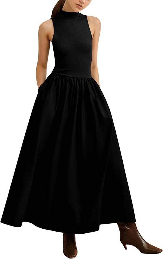 Lauweion Women's Sleeveless Turtleneck Maxi Dress Patchwork Casual Solid Flowy Mock Neck Long Dre... | Amazon (US)