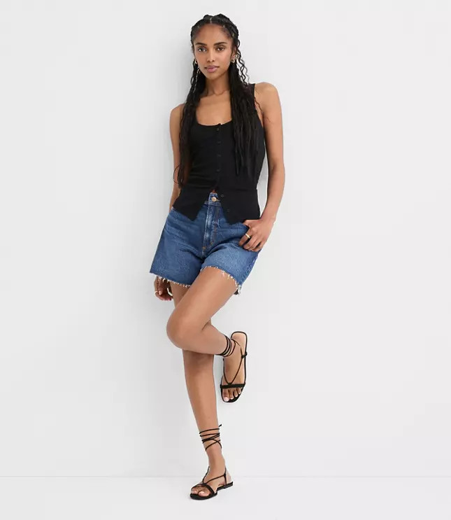 Rivete Destructed High Rise Cut Off Denim Shorts in Dark Was | LOFT