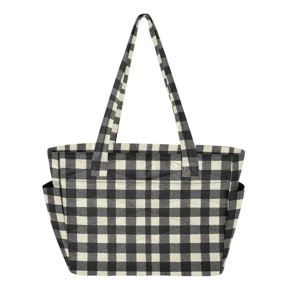Women's Quilted Black White Gingham Tote Bag with Zipper Large Polyester Shoulder Bag with Laptop... | Walmart (US)