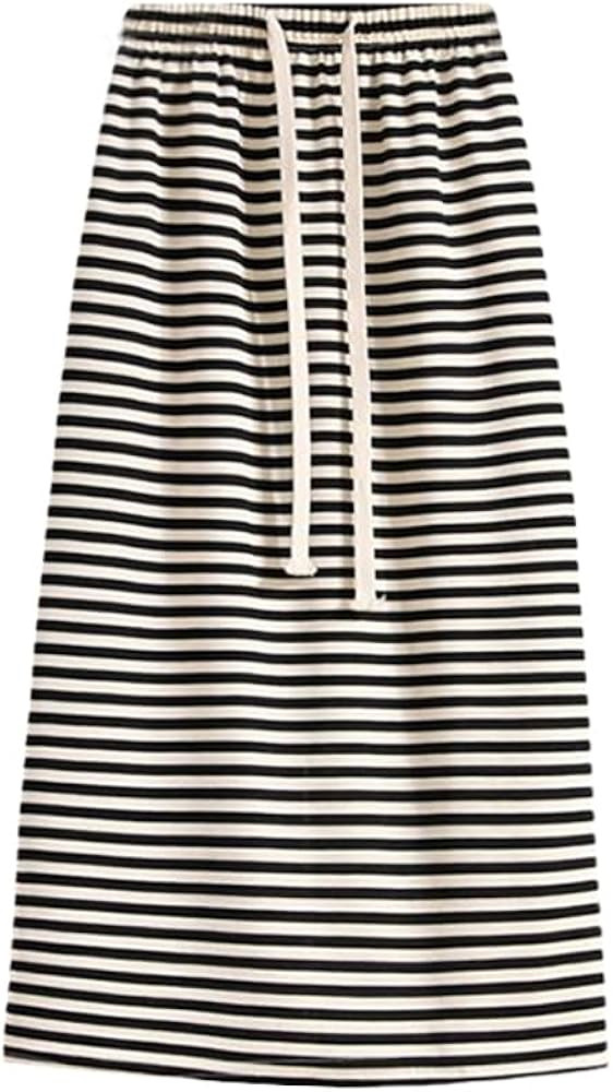 Summer Black&White Stripe Elastic Skirt Waist Long Maxi Skirt | Amazon (US)