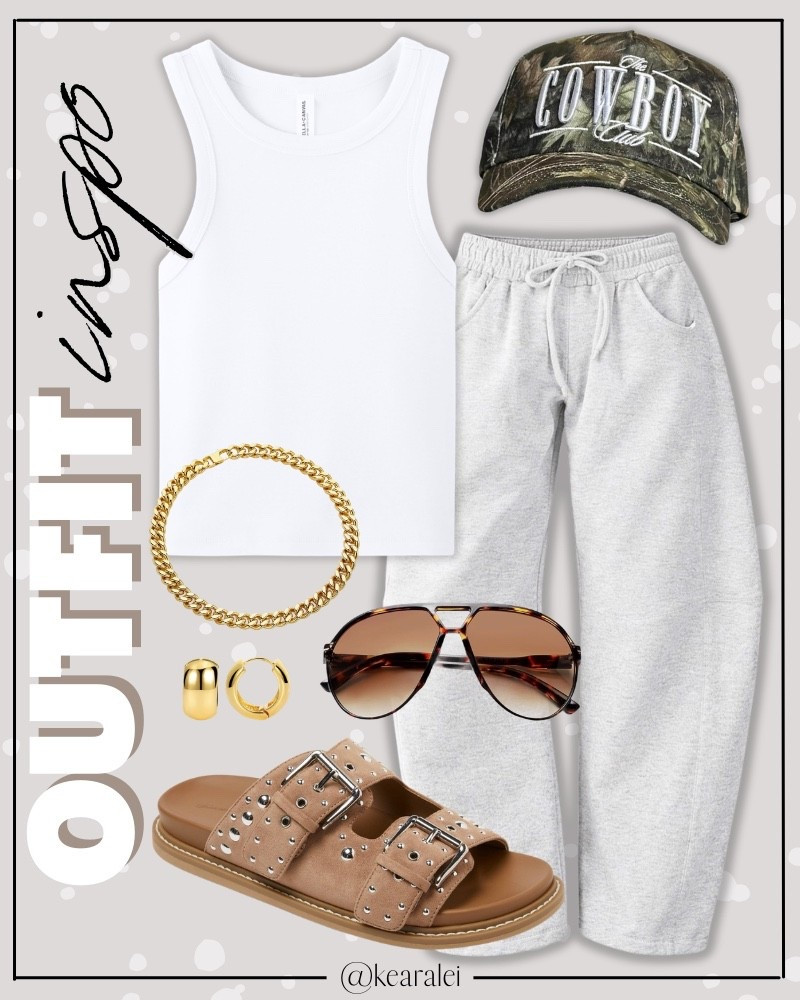 Summer outfits 2026 fall outfits Amazon comfy outfit casual outfits Amazon fashion light grey barrel sweatpants white sweat pants sweats Y2K pants Camouflage camo cowboy hat baseball hat trucker hats High Waisted Wide Leg Drawstring Jogger Sweatpants white tank top bodysuit tan studded suede faux leather strappy sandals buckle Birkenstock look alike Birkenstocks with green camo baseball hat cap brown aviator sunglasses chunky gold chain necklace cool mom outfit casual outfits || #amazon #outfit #summer #spring #comfy #freepeople #barrel #sweats #affordable #neutrals
.
.
.

Fitness Wear, Activewear, exercise outfit, workout leggings, sports bra, Lulu lemon, free people motion active athleisure Amazon fashion, teacher outfits, business casual, casual outfits, neutrals, street style, Midi skirt, Maxi Dress, Swimsuit, Bikini, Travel, skinny Jeans, Puffer Jackets, Concert Outfits, Cocktail Dresses, Sweater dress, Sweaters, cardigans Fleece Pullovers, hoodies, button-downs, Oversized Sweatshirts, Jeans, High Waisted Leggings, dresses, joggers, fall Fashion, winter fashion, leather jacket, Sherpa jackets, Deals, shacket, Plaid Shirt Jackets, apple watch bands, lounge set, Date Night Outfits, Vacation outfits, Mom jeans, shorts, sunglasses, Disney outfits, Romper, jumpsuit, Airport outfits, biker shorts, Weekender bag, plus size fashion, Stanley cup tumbler Target, Abercrombie and fitch, Amazon, Shein, Nordstrom, H&M, forever 21, forever21, Walmart, asos, Nordstrom rack, Nike, adidas, Vans, Quay, Tarte, Sephora, lululemon, free people, j crew jcrew factory, old navy

#LTKootd #LTKSeasonal #LTKSaleAlert