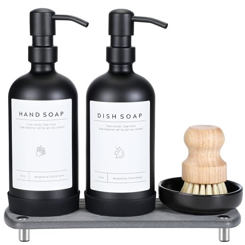 [Luxury] Kitchen Soap Dispenser Set - 16OZ Black Glass Bottle, Stainless Steel Pump, Instant Dry Tray, Waterproof Labels, Non-Slip Silicone Pad, and Dish Brush | Upgrade for Your Kitchen and Bathroom | Amazon (US)
