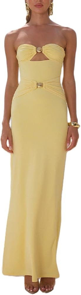 Women Sexy Cut Out Strapless Dress Backless Bodycon Tube Maxi Dress Elegant Formal Cocktail Party... | Amazon (US)