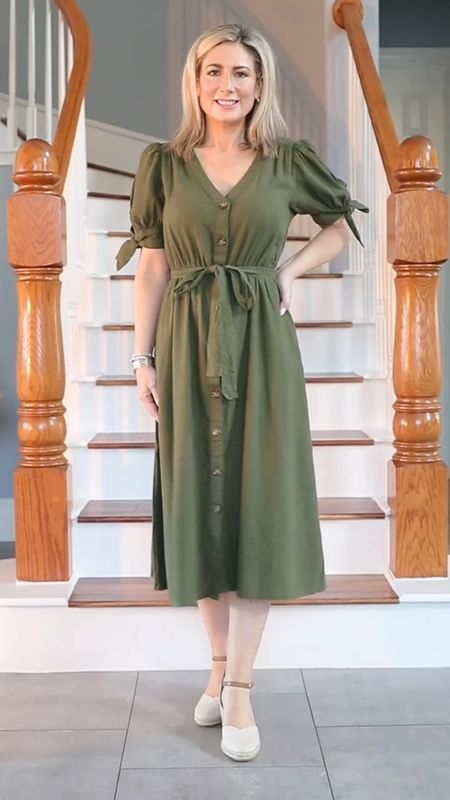 Linen blend midi shirt dress with pockets and removable tie belt. Runs TTS.  Wearing XS. Also comes in cream and black  Espadrilles come in denim and black as well. 

Great for graduation ceremonies!

#LTKVideo #LTKover40 #LTKfindsunder50