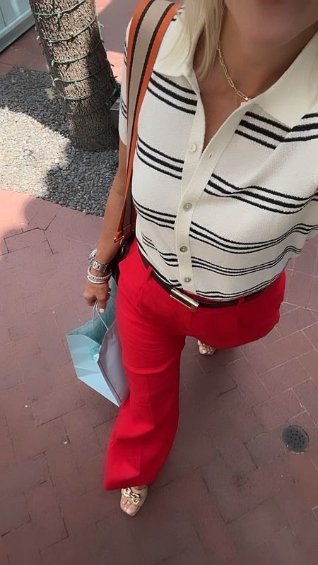 Full color spring outfit 

These red linen pants fit true to size and are lightweight with pockets 

Paired it with this adorable button up short sleeve sweater. Navy and white 

Madewell. Jcrew 

#LTKWorkwear #LTKStyleTip #LTKOver40