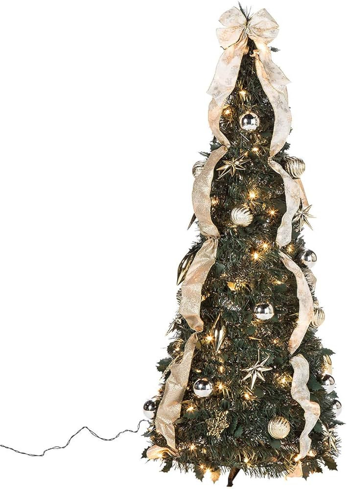 4' Silver & Gold Pull-Up Christmas Tree, Pre-Lit and Fully Decorated, Collapses for Easy Storage | Amazon (US)