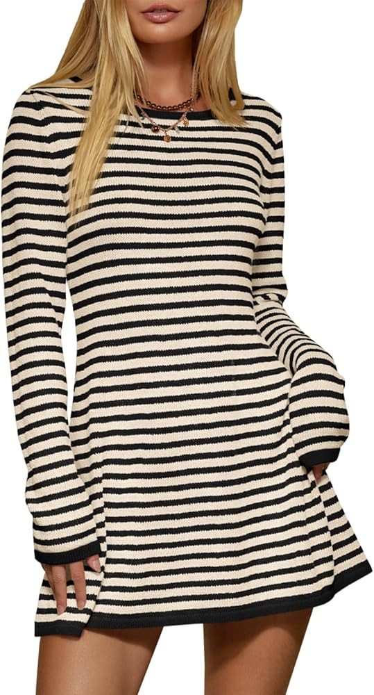 Saodimallsu Womens Striped Pullover Sweater Crew Neck Fall Long Sleeve Trendy Casual Ribbed Knit ... | Amazon (US)