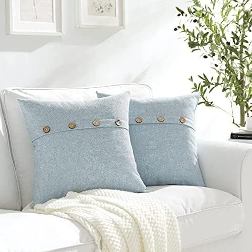 Set of 2 Baby Blue Square Pillow Covers 18 x 18 Farmhouse Linen Pillow Covers with Coconut Button... | Amazon (US)