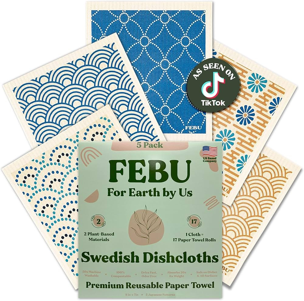 FEBU Swedish Dishcloths for Kitchen | 5 Pack Japanese Reusable Paper Towels Washable | Swedish Di... | Amazon (US)