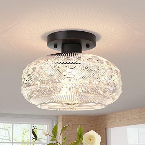 Semi Flush Mount Ceiling Light,Black Hallway Light Fixture,Globe Glass Close to Ceiling Light,Vintag | Amazon (US)