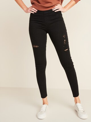 Mid-Rise Rockstar Distressed Super Skinny Black Ankle Jeggings for Women | Old Navy (US)