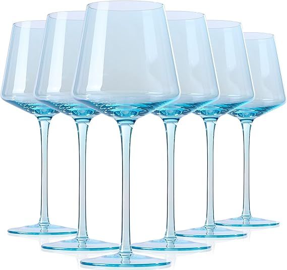Light Blue Wine Glasses Set Of 6 - Modern Blue Wine Glasses With Tall Long Stem and Flat Bottom,P... | Amazon (US)