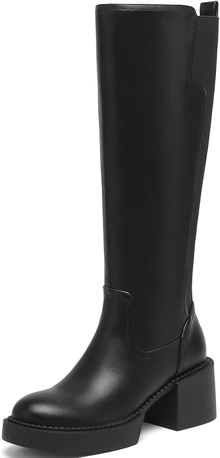 Women's Knee High Boots Chunky Block Heel Boots Stretch Calf Round Toe Side Zipper Platform Tall ... | Amazon (US)