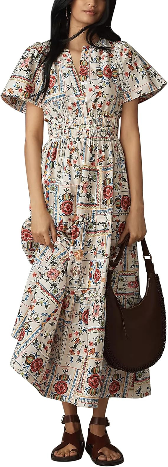 Women’s Summer Boho Maxi Dress Floral V Neck Short Sleeve Tiered Long Dress Flowy Beach Dresses... | Amazon (US)