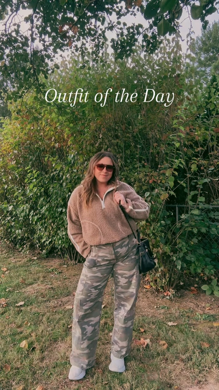The cutest outfit with this quarter zip from Old Navy and these camo jeans from Walmart! #MidsizeFashion #MomFashion #MomOOTD #OutfitOfTheDay