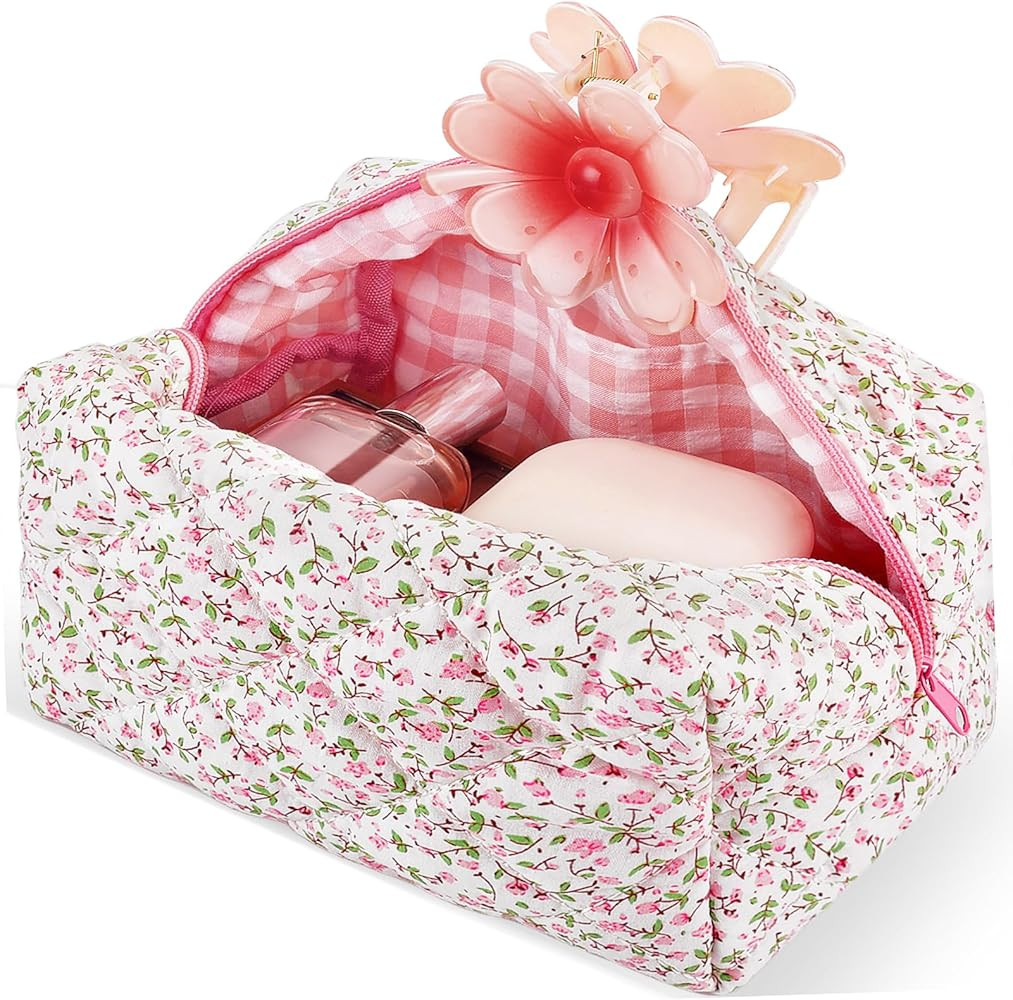 Quilted Makeup Bag Floral Large Cute Cosmetic Bag Cotton Puffy Makeup Organizer Coquette Travel M... | Amazon (US)