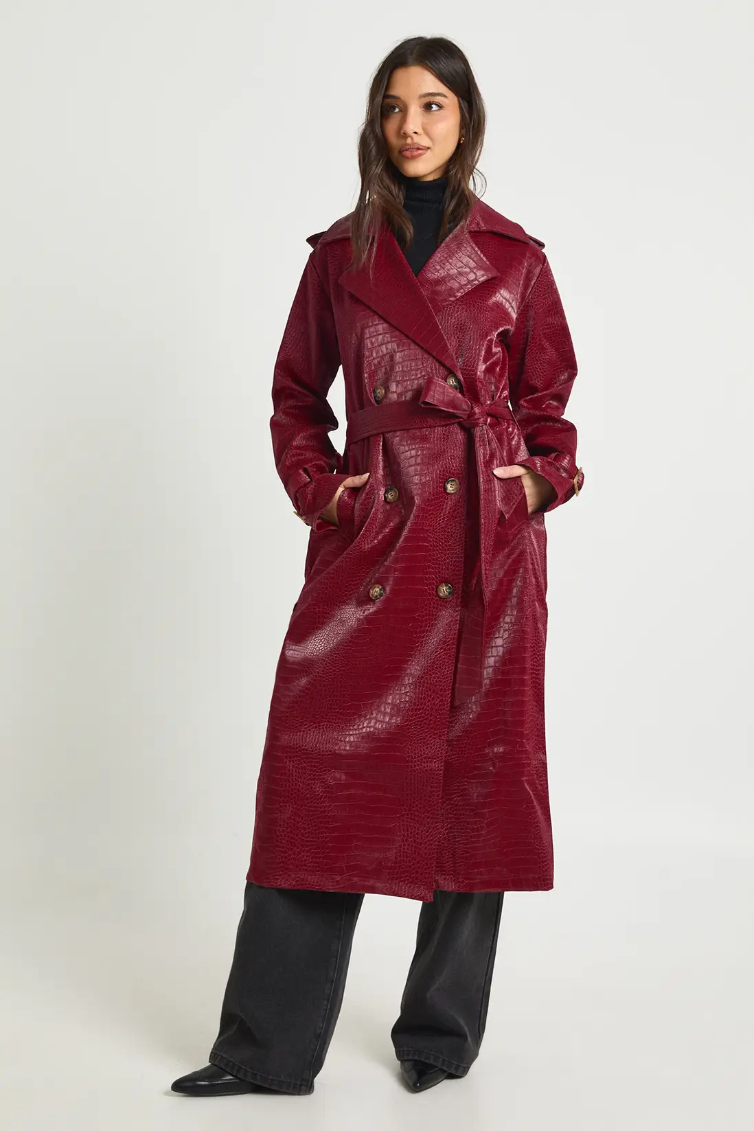 Croc Faux Leather Trench Coat | boohoo (US & Canada)