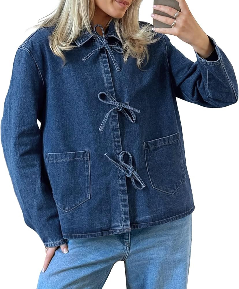 PLNOTME Womens Denim Jackets Casual Loose Fit Tie Front Tops Fashion Jean Coat with Pockets | Amazon (US)