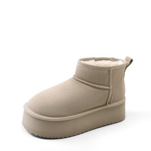 DREAM PAIRS Platform Winter Boots for Women Genuine Suede, Wide Toe Water Slip Resistant Ankle Mini Snow Boots Lined Fur with Lightweigt Memory Foam Insole Outdoor,Size 7,Sand,SDSB25005W | Amazon (US)