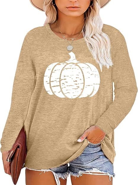 Plus Size Halloween Pumpkin T Shirt Women Long Sleeve Fall Graphic Tees Thanksgiving Gift Tops Bl... | Amazon (US)