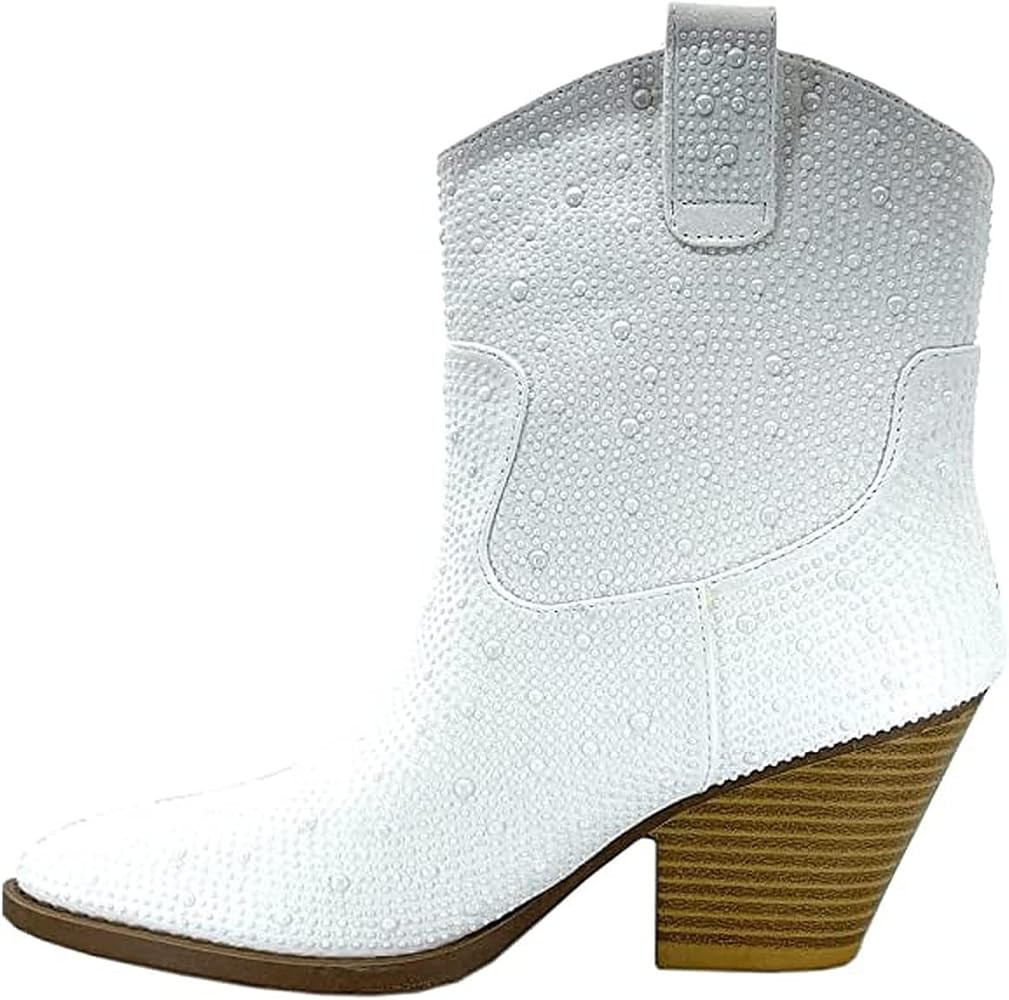 Women's Rhinestone Block Heel Mid Calf Short Ankle Booties Knee High Boots | Amazon (US)