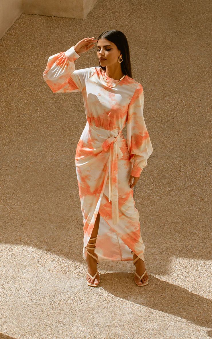 Orange Watercolour Print Tassel Tie Wrap Maxi Dress | PrettyLittleThing US